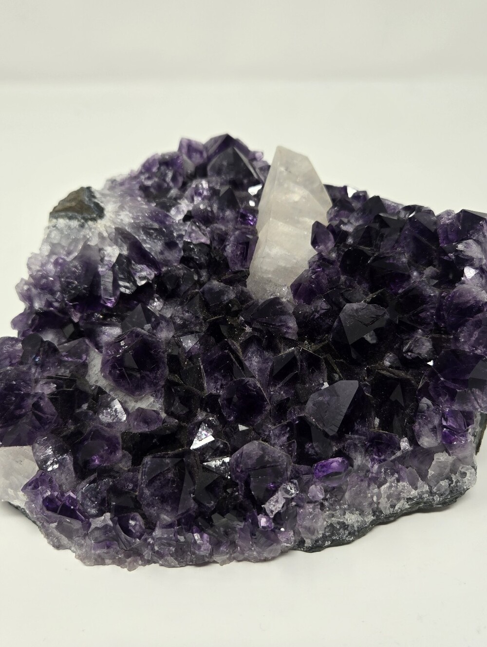 Amethyst Cluster with Large White Calcite Crystal Specimen Rare 6.98lb Brazilian